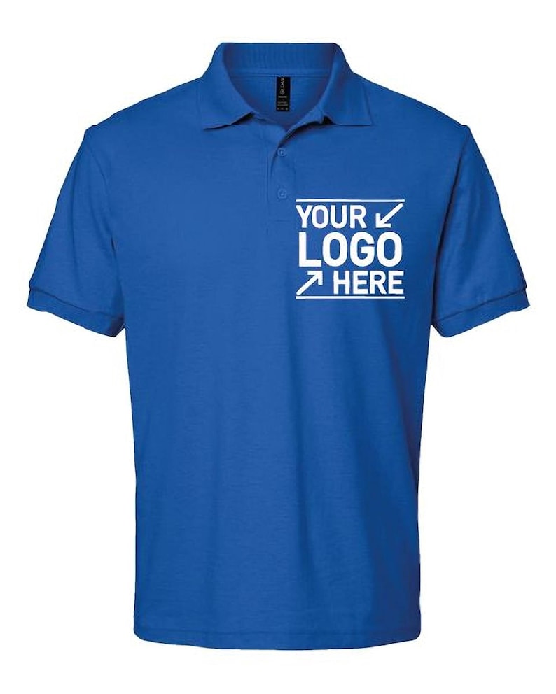 A blue polo shirt with a white logo on the front.