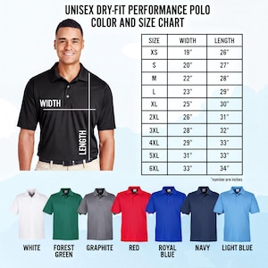 The image is a color and size chart for a unisex dry-fit performance polo. It includes a man wearing a black polo shirt and a variety of different colored polo shirts, along with their corresponding widths and lengths.