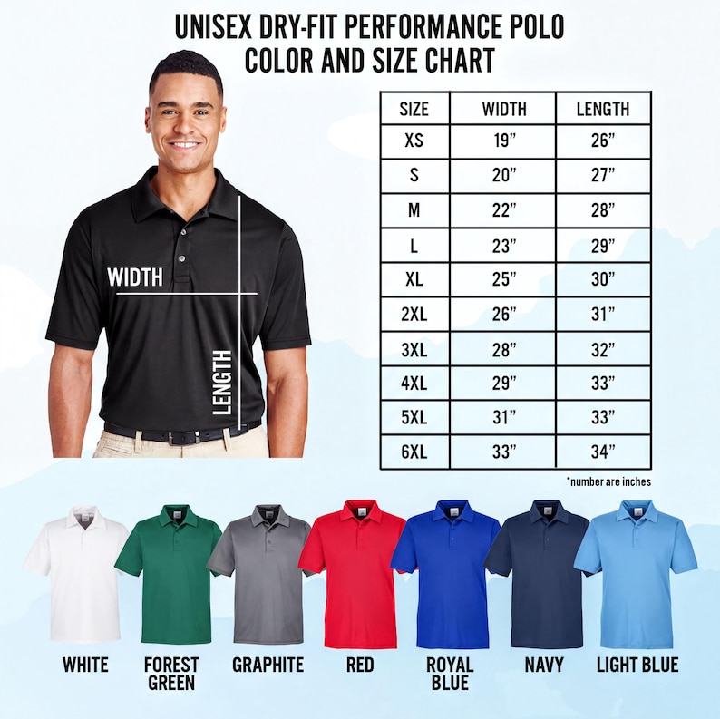 The image is a color and size chart for a unisex dry-fit performance polo. It includes a man wearing a black polo shirt and a variety of different colored polo shirts, along with their corresponding widths and lengths.