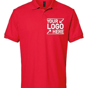 A red polo shirt with a logo on the left side.