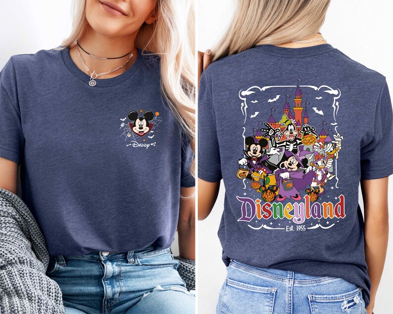 The image is a collage of two photos of a woman wearing a blue t-shirt with a Disney-themed design. The back of the t-shirt features a colorful graphic of Disney characters and the text "Disneyland" along with the year "Est. 1955".