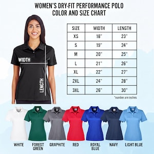 The image is a color and size chart for women's dry-fit performance polo shirts. It includes a woman posing in a black polo shirt and a variety of different colored polo shirts displayed below her.