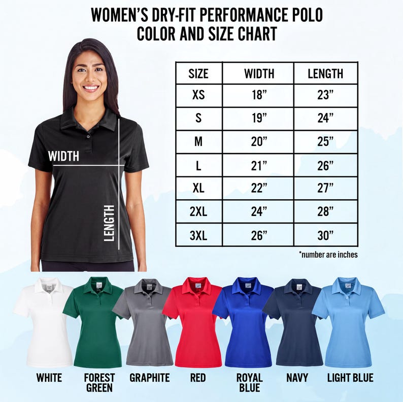 The image is a color and size chart for women's dry-fit performance polo shirts. It includes a woman posing in a black polo shirt and a variety of different colored polo shirts displayed below her.
