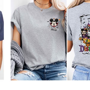 A collage of three images featuring a person wearing a gray t-shirt with a Mickey Mouse design and a graphic of a Disney theme park.