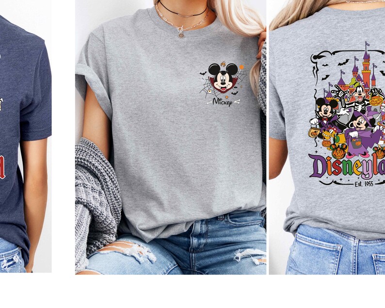 A collage of three images featuring a person wearing a gray t-shirt with a Mickey Mouse design and a graphic of a Disney theme park.