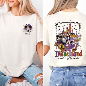 The image is a collage of two photos featuring a woman wearing a white t-shirt with a graphic design of Minnie Mouse and Disneyland.