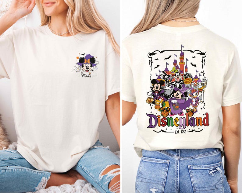 The image is a collage of two photos featuring a woman wearing a white t-shirt with a graphic design of Minnie Mouse and Disneyland.