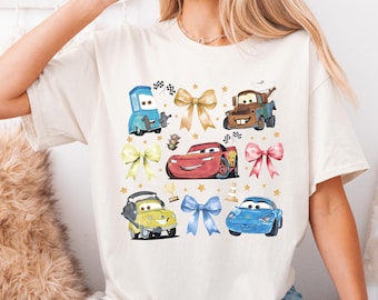 Retro Coquette Bows Disney Cars shirt, Lightning McQueen Mater Doc Hudson Sally Carrera Birthday Cars Family Shirt, Disney Girl Trip Shirt