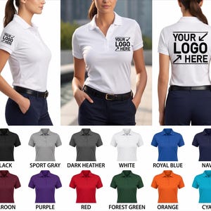 The image is a collage of three photos featuring a woman wearing a white polo shirt with a logo on the back. The shirts are in various colors, including maroon, purple, red, forest green, orange, and blue, Including plus size polo shirts.