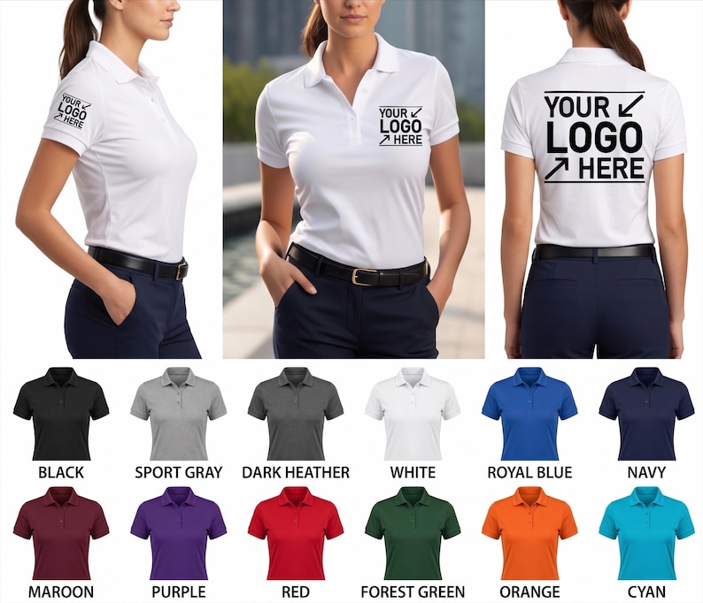 The image is a collage of three photos featuring a woman wearing a white polo shirt with a logo on the back. The shirts are in various colors, including maroon, purple, red, forest green, orange, and blue, Including plus size polo shirts.