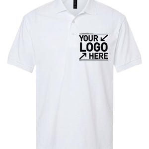 A white polo shirt with a logo on the left side.