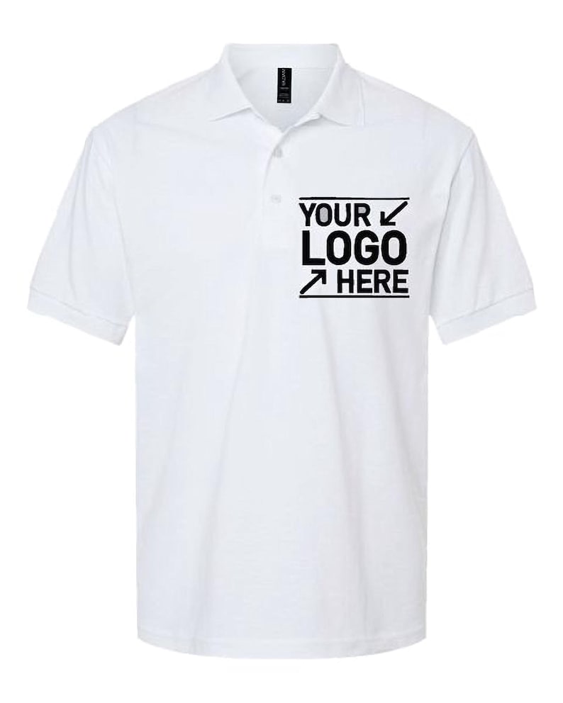 A white polo shirt with a logo on the left side.