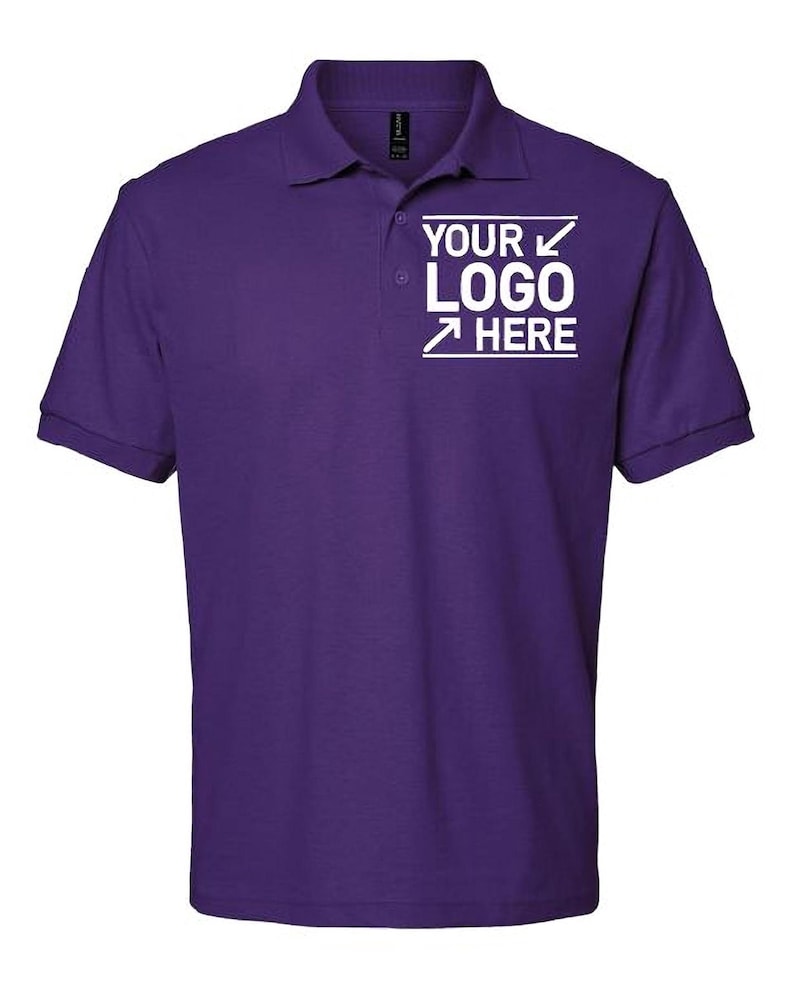 A purple polo shirt with a logo on the left side.