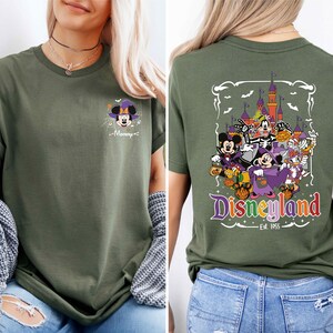The image is a collage of two photos. The left photo shows a woman wearing a green t-shirt with a Mickey Mouse design and the text "Disneyland" on the back. The right photo shows the back of the same green t-shirt, featuring a graphic of Disney characters and the text "Disneyland" and "Est. 1955".