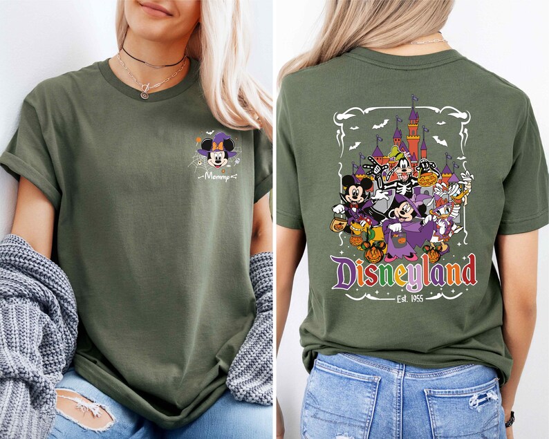 The image is a collage of two photos. The left photo shows a woman wearing a green t-shirt with a Mickey Mouse design and the text "Disneyland" on the back. The right photo shows the back of the same green t-shirt, featuring a graphic of Disney characters and the text "Disneyland" and "Est. 1955".