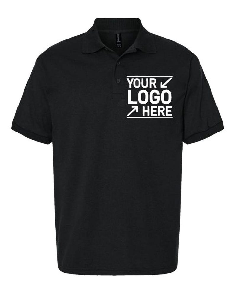 A black polo shirt with a white logo on the left side of the chest.