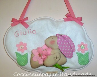 PANEL - BOW BIRTH bunny on cloud with personalized name boy or girl choirs on request