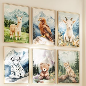 6 impressions d’animaux de montagne de pépinière - Art mural boisé, décor de pépinière, impressions pour enfants, art forestier, garçon de pépinière, décoration naturelle, aquarelle