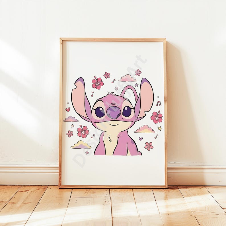 May include: A framed print featuring a cartoon character in shades of pink and purple. The character has large ears and is surrounded by pink flowers, clouds, musical notes, and stars. The artwork is set against a white background.