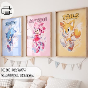 Juego de 3 pósteres de Sonic The Hedgehog: arte mural infantil de Sonic, impresiones de acuarela de Sonic, Tails, Amy Rose, decoración de sala de juegos, regalo para niños