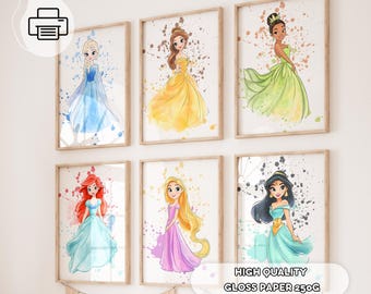 6 Splash Princesses Prints - Aquarell Prinzessinnen Drucke, Mädchenzimmer Dekor, Spielzimmer Dekoration, Kinderzimmer Prinzessin, Kleinkindzimmer, Mädchen Geschenk
