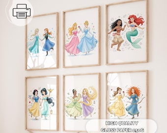 Set med 6 posters med vänliga prinsessor - Barnrum med 12 prinsessor, dekoration för flickor, babyshowerpresent, väggkonst för flickor, sagotryck