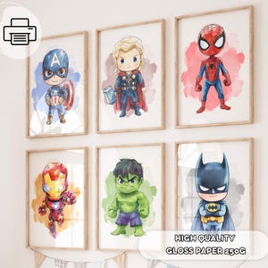 6 carteles de acuarela de superhéroes: regalo para niños, impresiones de Los Vengadores para niños, regalo de baby shower, cumpleaños, decoración de superhéroes, arte de pared para sala de juegos