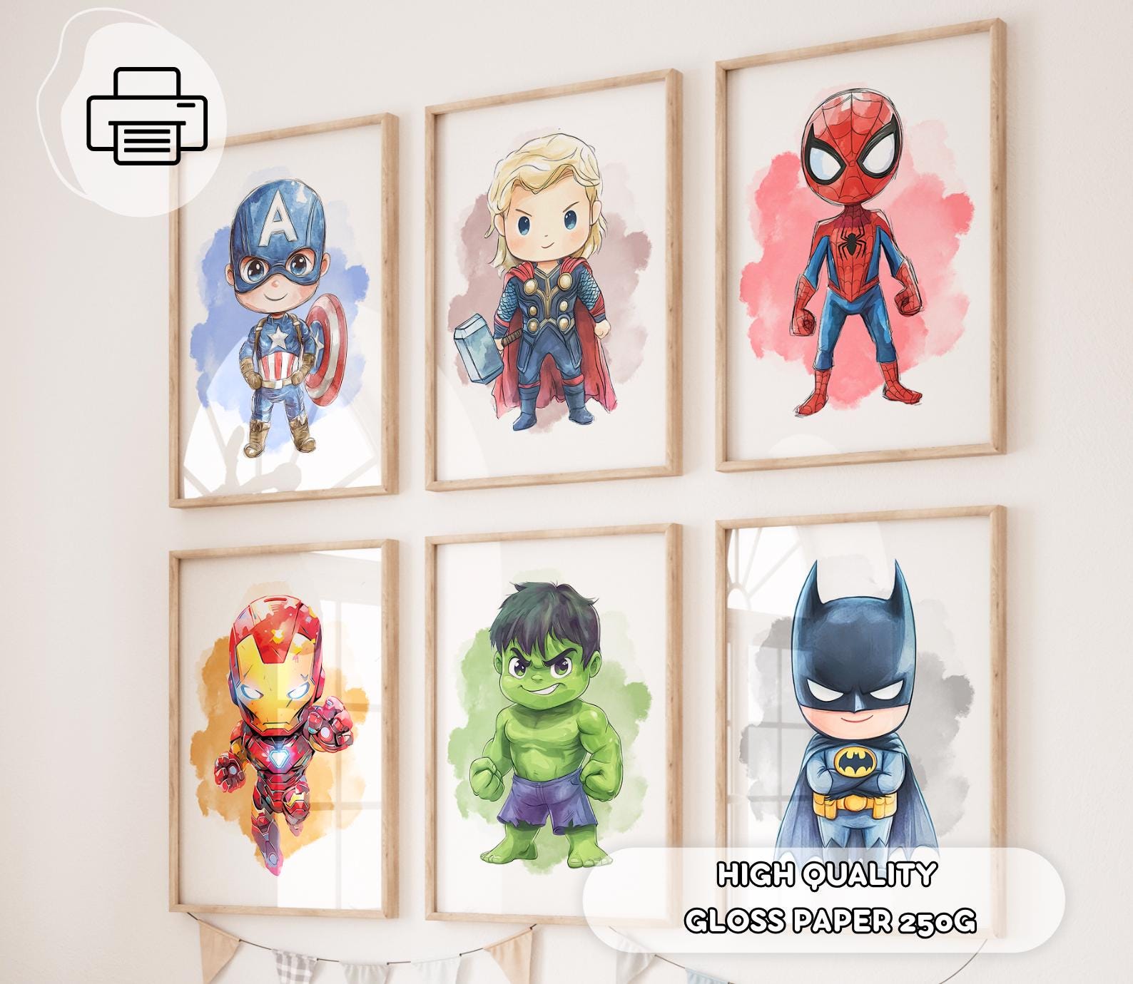 6 Superhelden-Aquarell-Poster – Geschenk für Jungen, Avengers-Drucke für Kinder, Geschenk zur Babyparty, Geburtstag, Superhelden-Dekoration, Wandkunst fürs Spielzimmer