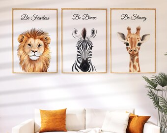 3 Affirmation Safari Zoo Posters - Nursery Prints, Kids Room Decor, Wall Decoration, Playroom Decor, Baby Room Shower, Be Brave, Strong