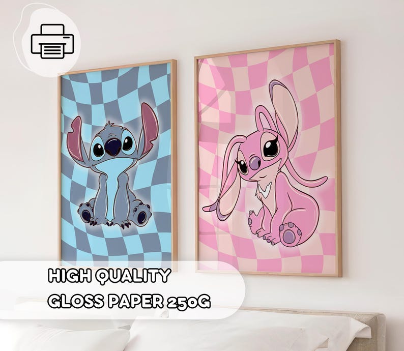 May include: Two framed cartoon character prints. One features a blue and gray character on a blue and gray checkered background. The other print shows a pink character on a pink and white checkered background. The text "HIGH QUALITY GLOSS PAPER 250G" is at the bottom.