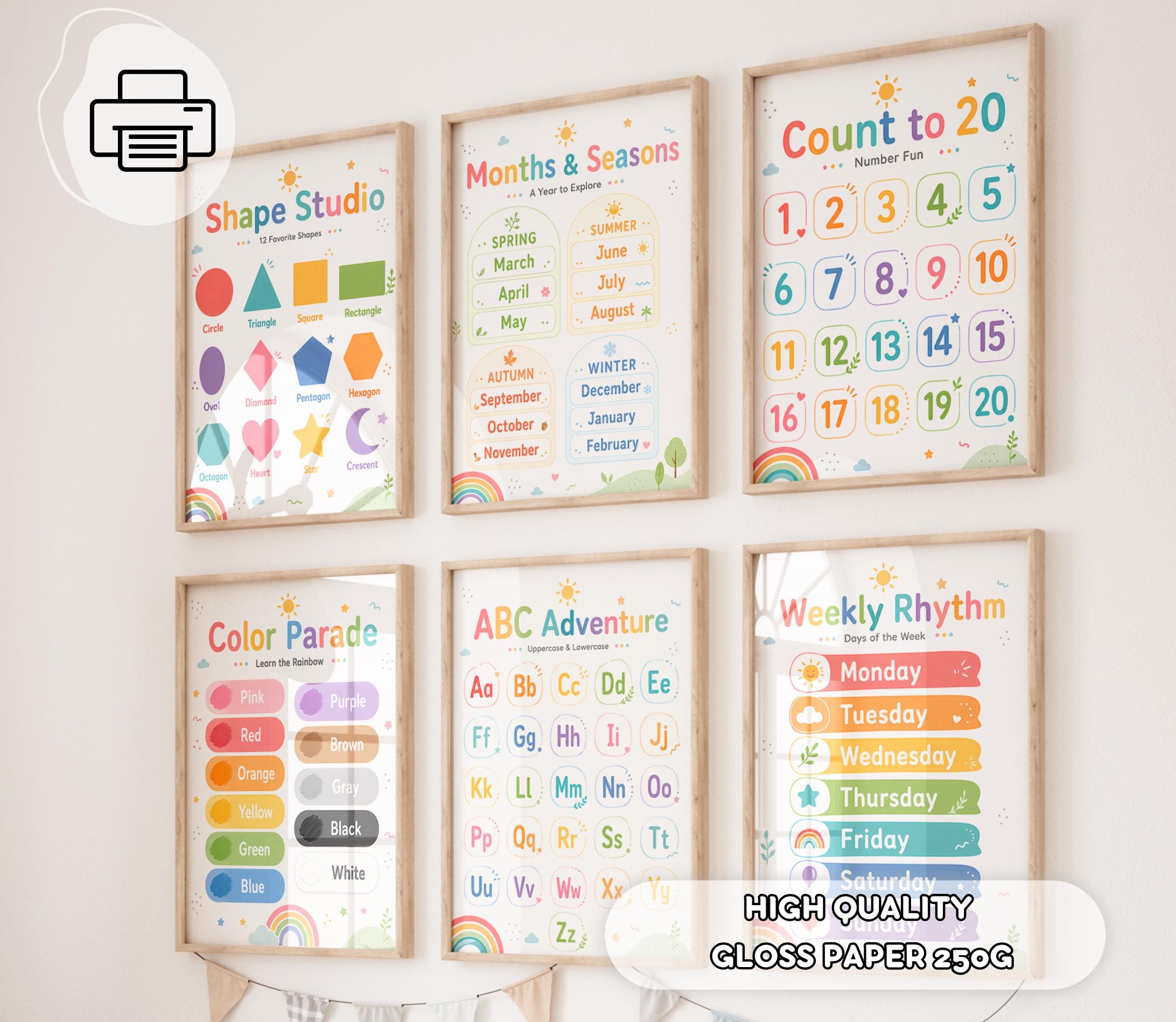 Rainbow Educational Posters Set of 6, ABC Numbers Colors Shapes Days ...