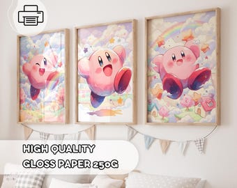 3 Hand-Drawing Kirby World - Gaming Room, Gift for Kids, Kids Room Decor, Baby Shower, Kirby Wall Decoration, Wall Art for Birthday Party