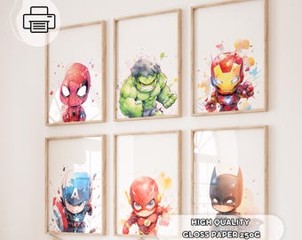 6er Set Baby Superhelden Wandkunst - Aquarell Superhelden Drucke, JungenZimmer Dekor, Spielzimmer Dekoration, Kinderzimmer Superhelden, Geschenk für Jungen