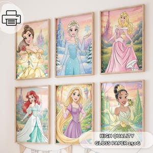 6 handritade prinsessorslottstavlor - Barnrumstavlor, flickrumsdekor, babyshowerpresent, prinsessväggkonst, posters för lekrum för småbarn bild 1