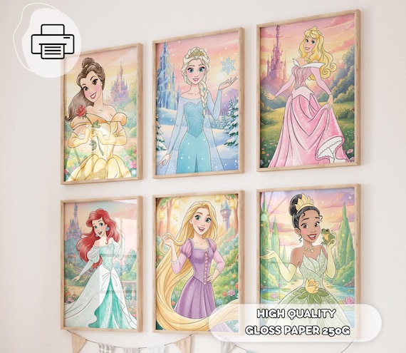 6 Hand-Drawing Princesses Castle Prints - Nursery Prints, Girls Room Decor, Baby Shower Gift, Princesses Wall Art, Toddler Playroom Posters