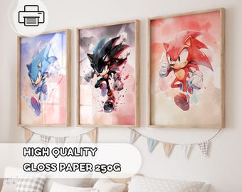 3 Watercolor Sonic The Hedgehog Prints for Kids, Boys room, Nursery Star Wars Poster, Playroom Decor, Knuckles, Shadow Sonic Wall Decoration