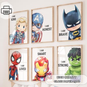 6 stampe di supereroi per la cameretta dei bambini - regalo per ragazzi, poster di affermazioni per bambini, regalo per baby shower, regalo di compleanno, decorazione di supereroi, arte per la sala giochi