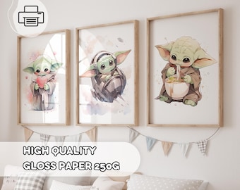 3 Baby Yoda-posters voor de kinderkamer - Prints voor kinderen, jongenskamers, Star Wars-poster voor de kinderkamer, speelkamerdecoratie, Star Wars-muurkunst, peuterkamer