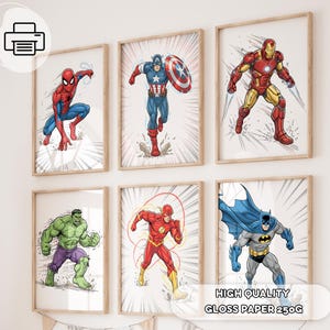 6 superhjälteposters med skisseffekt, realistiska barntryck för Avengers, babyshowerpresent, födelsedag, hjältedekoration i lekrummet, väggkonst