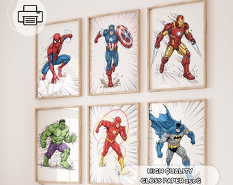 May include: Six framed superhero art prints featuring Spider-Man, Captain America, Iron Man, Hulk, The Flash, and Batman. Each character is depicted in action poses against a white background with radial lines. The text "HIGH QUALITY GLOSS PAPER 250G" is visible.