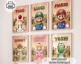 May include: Six framed wall art prints featuring watercolor-style illustrations of Toad, Luigi, Mario, Bowser, Princess Peach, and Yoshi. Each print includes the character's name in bold text above the figure against a landscape background.