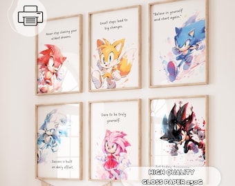 Set Of 6 Sonic The Hedgehog Prints - Positive Affirmation Posters, Gift for Kids, Tails Knuckles, Sonic Wall Art, Nursery Decor, Playroom