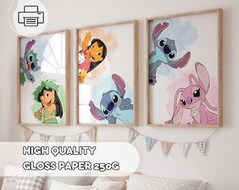 3 Lilo & Stitch Poster Set, Minimalist Wall Art, Gift for Kids, Nursery Stitch Decor, Stitch and Angel, Ohana Means Family, Watercolor Print