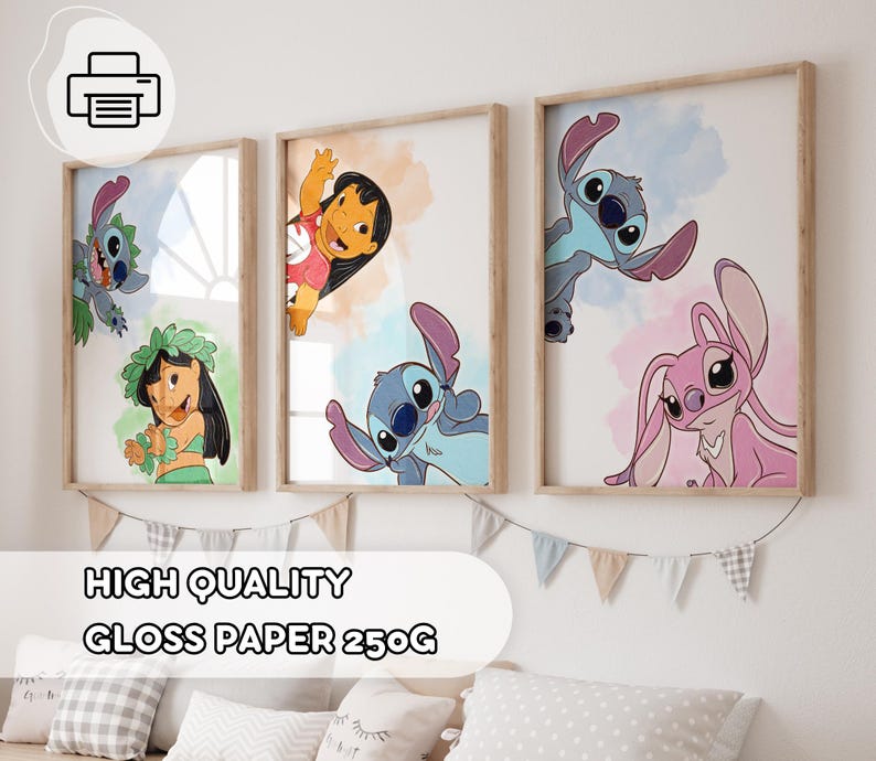May include: Three framed art prints featuring cartoon characters. The prints showcase Stitch, Lilo, and Angel, with colorful watercolor backgrounds. The frames are light brown. The text "HIGH QUALITY GLOSS PAPER 250G" is visible.