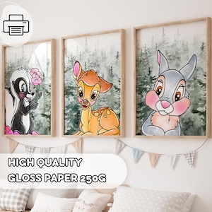 Bambi Nursery Poster Set - Woodland Animal Wall Art for Baby Room or Playroom – Cute Bambi, Thumper and Flower Decor for Kids Room, Thumper