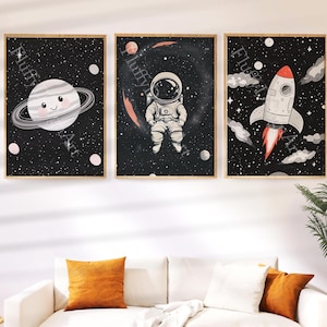 Conjunto de 3 dibujos animados de arte de pared espacial: carteles del cosmos de la guardería, viajes espaciales, decoración de la habitación de los niños, impresiones de la guardería, baby shower, regalo de cumpleaños