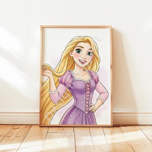 May include: A framed illustration of a smiling woman with long blonde hair, wearing a purple dress with pink sleeves. The artwork is set against a white background and framed in a light brown wooden frame. The illustration is on a wooden floor.