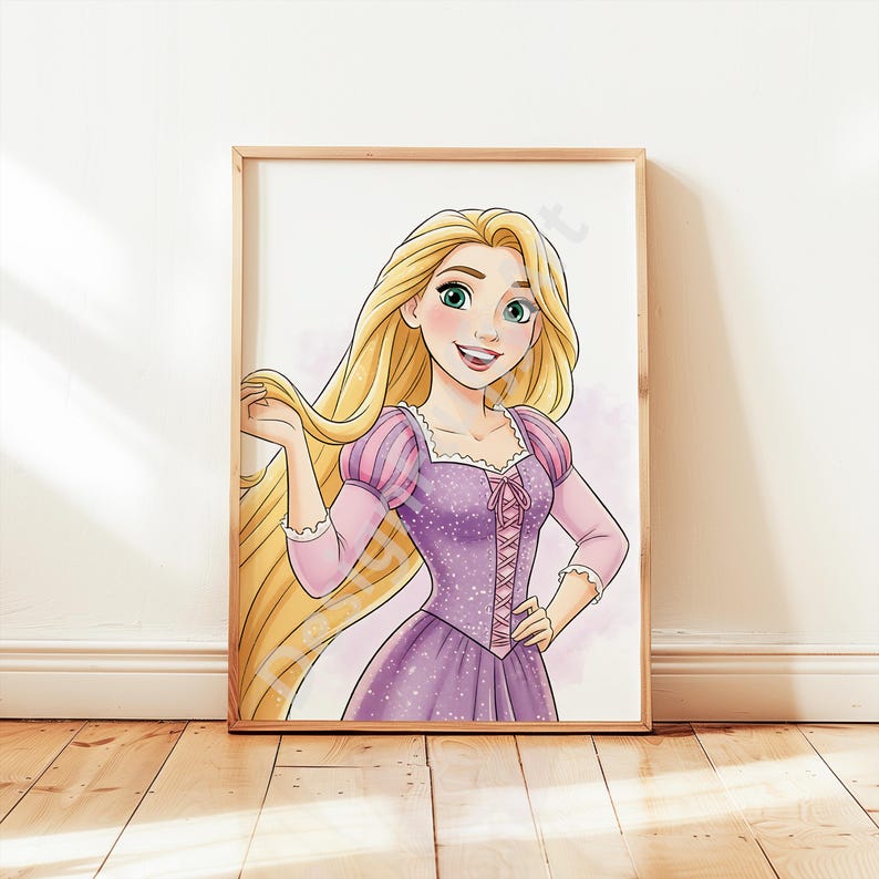 May include: A framed illustration of a smiling woman with long blonde hair, wearing a purple dress with pink sleeves. The artwork is set against a white background and framed in a light brown wooden frame. The illustration is on a wooden floor.
