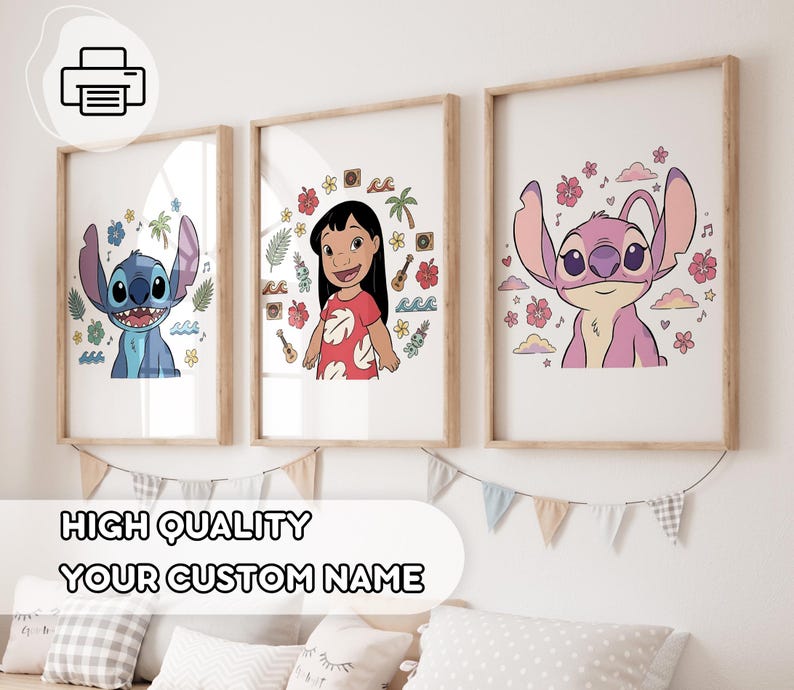 May include: Three framed art prints featuring characters from a popular animated film. The prints showcase Stitch, Lilo, and Angel, surrounded by tropical elements. The frames are light brown, and the prints are displayed on a white wall.