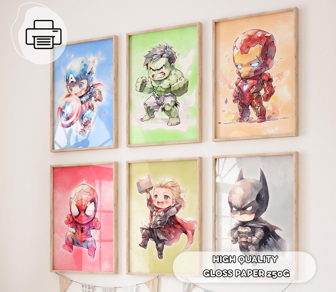 6 Full Colored Superheroes Prints - Watercolor Superhero, Avengers Wall ...